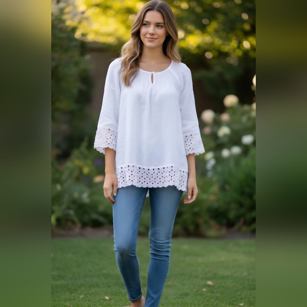Charter Club Petite White 100% Linen Lace Trim Boho Blouse P/L